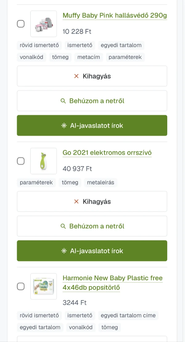 Új termékek előkészítése: a hiányzó mezők címkéi és három lehetőség, kihagyás, adatkeresés a neten vagy AI-javaslat