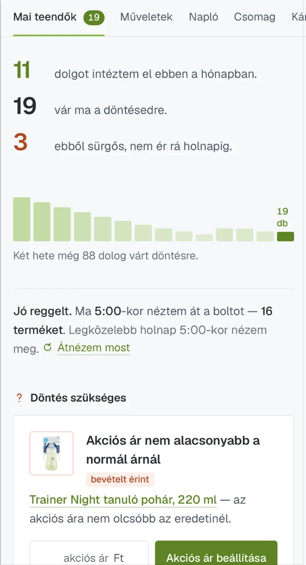 A napi teendők, a bizalmi létra ellenőrzésenként, és a napló visszavonható tételekkel – telefonon