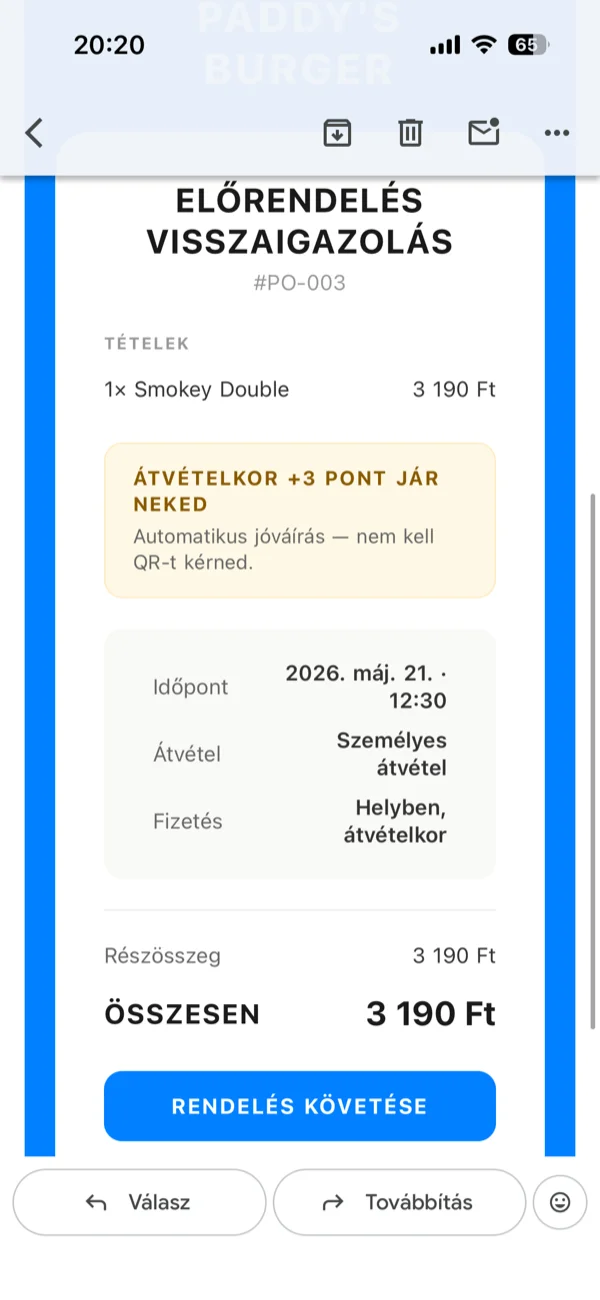 Automatizált e-mailek az életciklusban: visszaigazolás, elfogadás, készítés, átvételre kész, köszönet