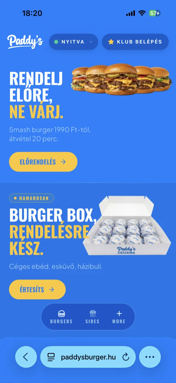 A kezdőlap egymást követő szekciói: hero, étlap, Paddy's Club, gyakori kérdések
