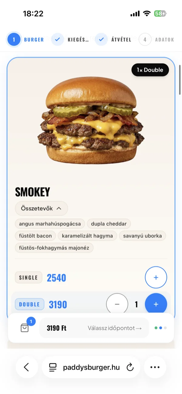 A négylépéses előrendelés: burger, kiegészítők, átvétel, adatok