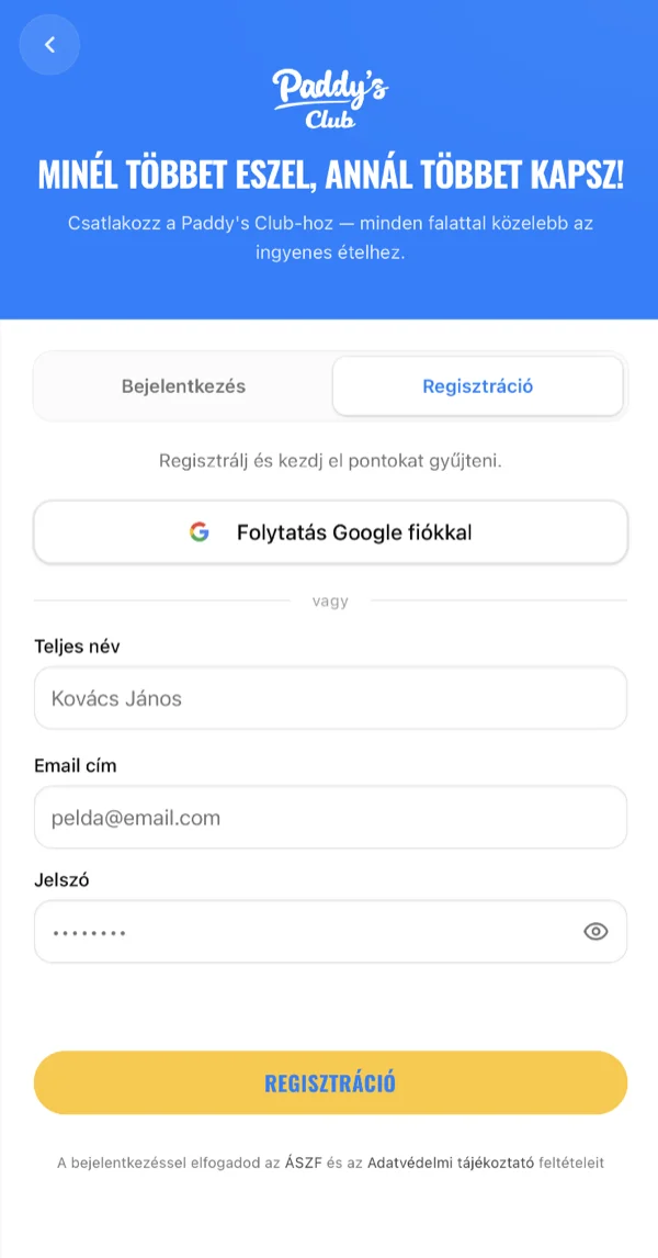 Regisztráció: Google OAuth vagy e-mail/jelszó, valós idejű jelszóvalidálással