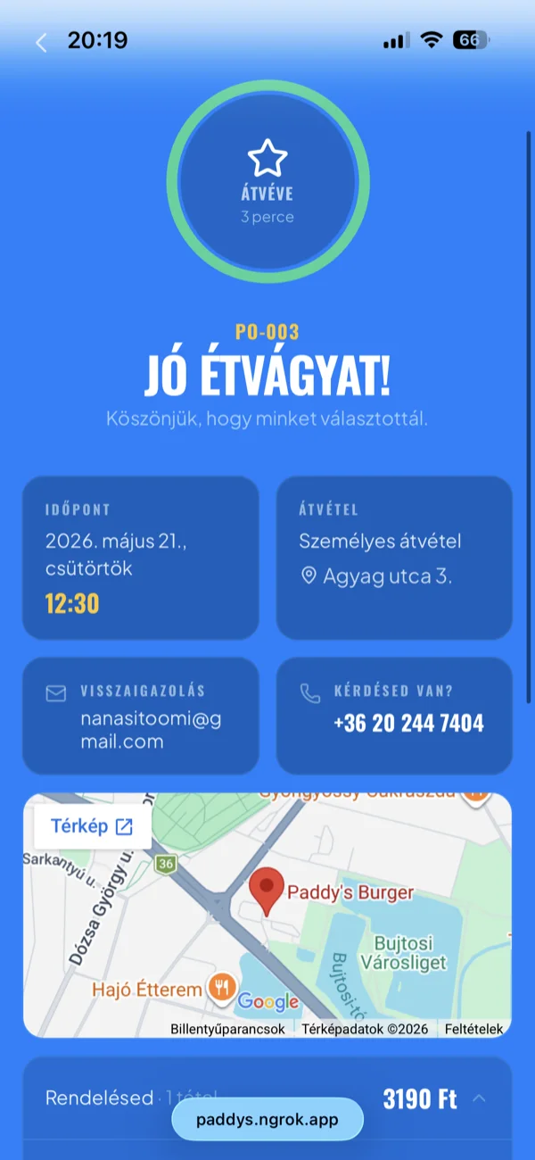 A valós idejű követőoldal öt állapota: beérkezett, elfogadva, készül, elkészült, átvéve