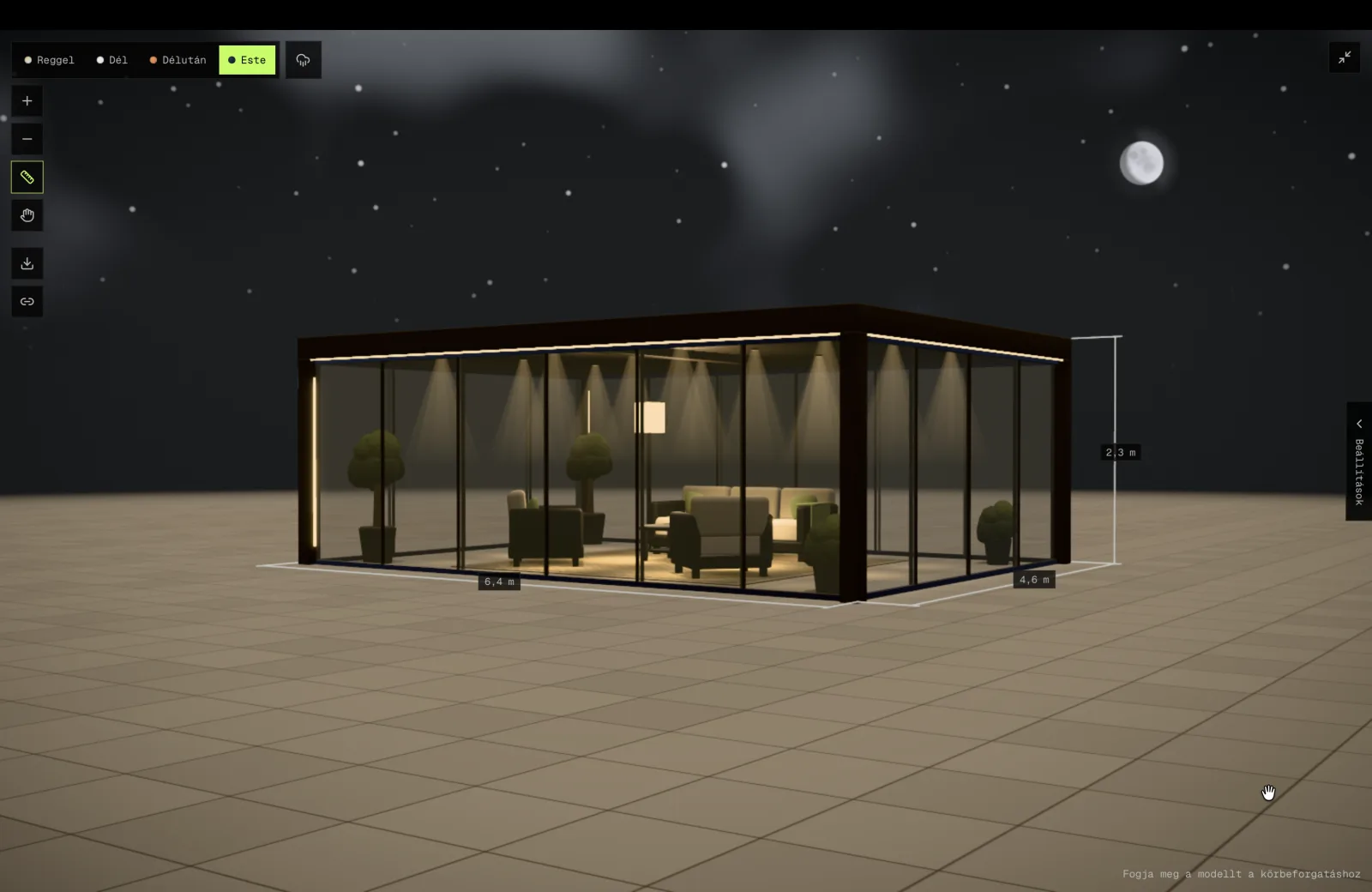 Evening in the designer: under a starry sky and the moon, the glass-walled pergola glows like a lantern