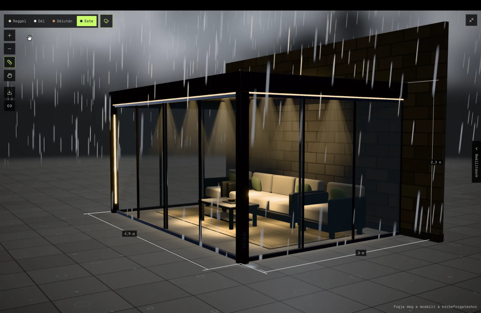 In the rain: closed roof and glass walls, LED light cones — the terrace stays dry and warmly lit