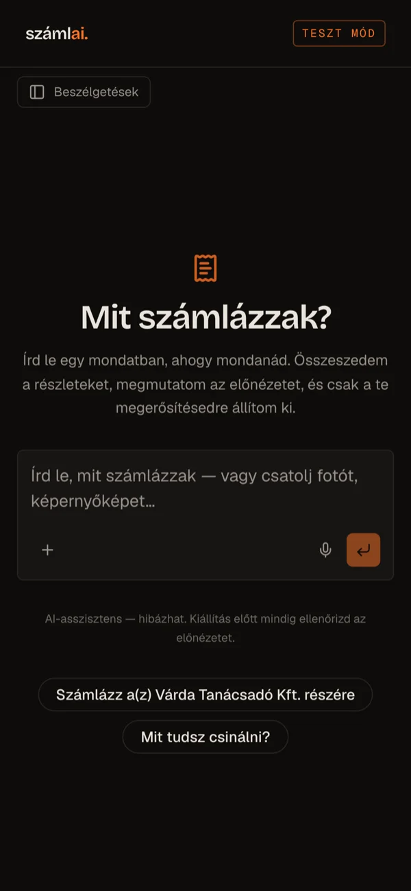 The assistant after sign-in: one sentence, a few examples, test mode