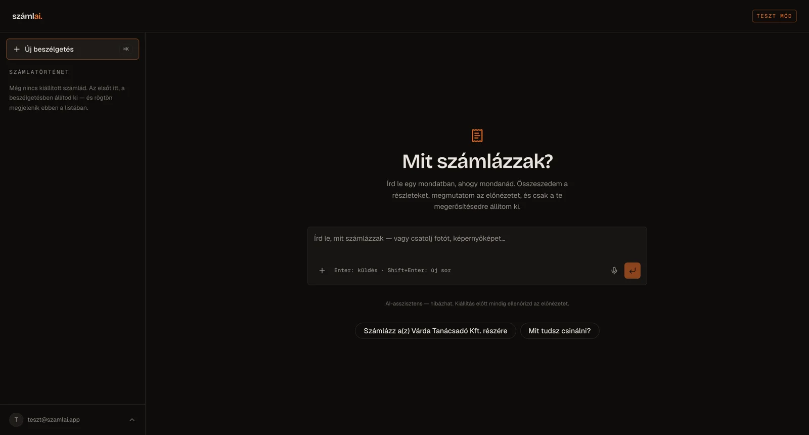 The assistant after sign-in: one sentence, a few examples, test mode