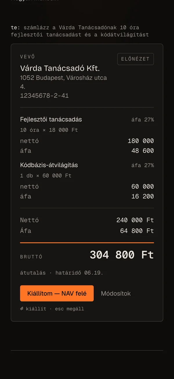 A nyitóképernyő asztali nézetben, a kész számla előnézete mobilon