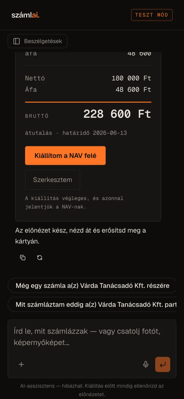 A folyamat mobilon: üres asszisztens, előnézeti kártya, kiállított és NAV-nak jelentett számla