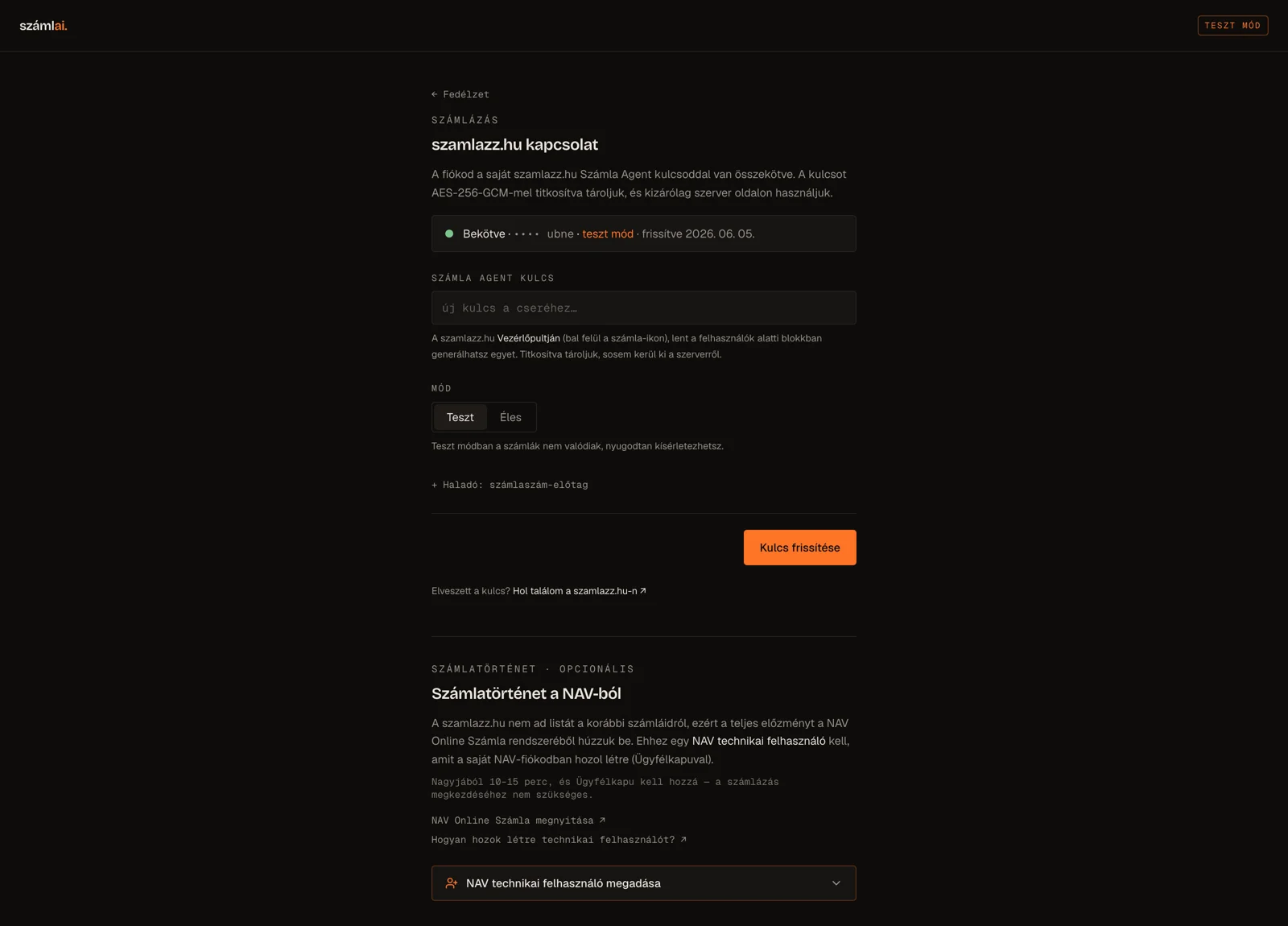 The connection: your own Számlázz.hu key, the test/live switch, and NAV history